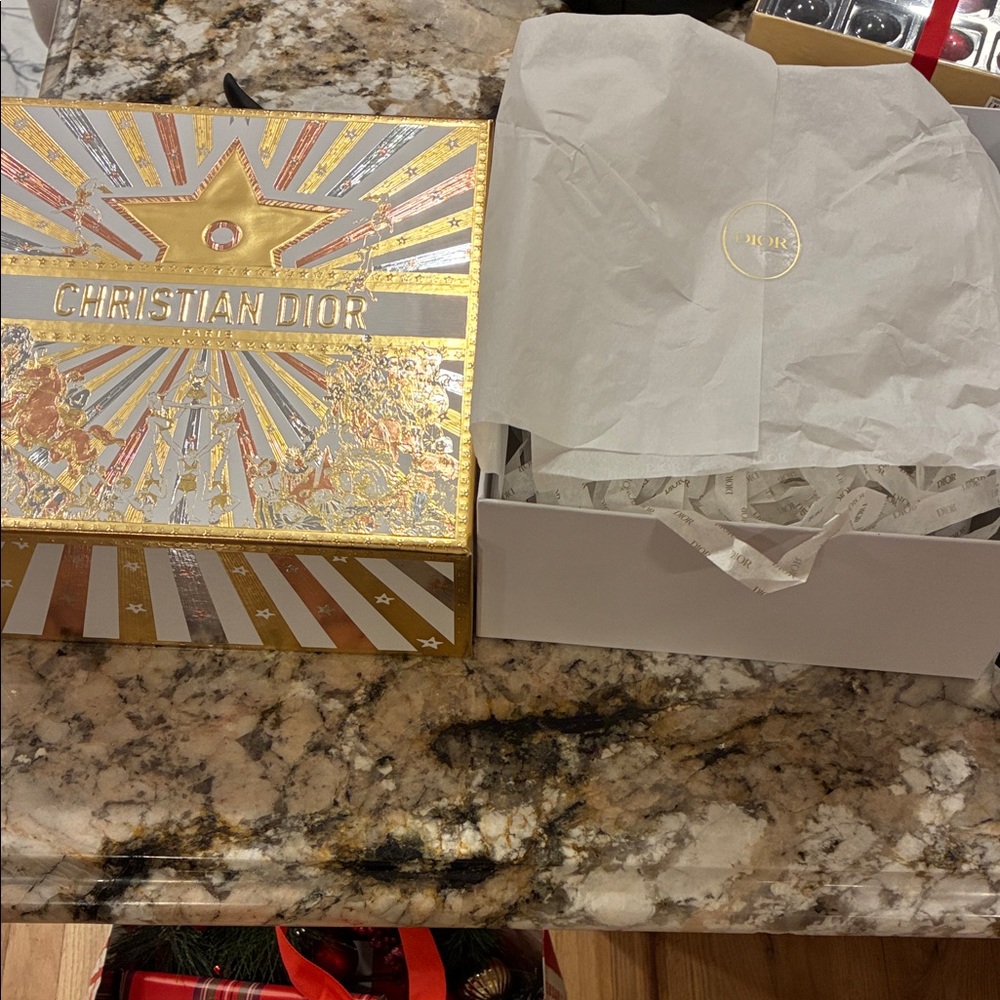 2 Dior Gold and Silver Holiday Decor Boxes with paper and filling